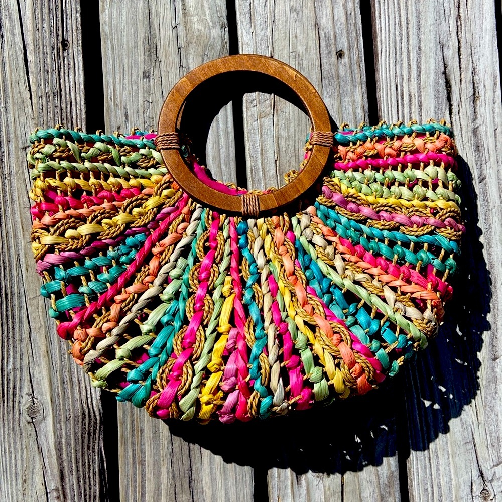 Cappelli Woven Straw Bag with Wooden Ring Handles